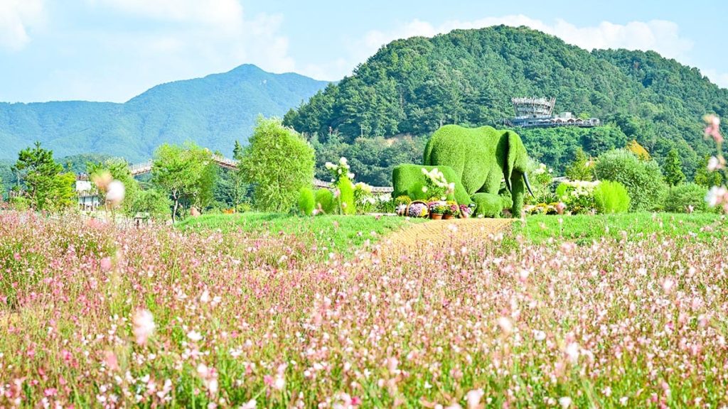 한탄강 가든페스타 조명물 뒤로 출렁다리 정상 코스가 보인다.